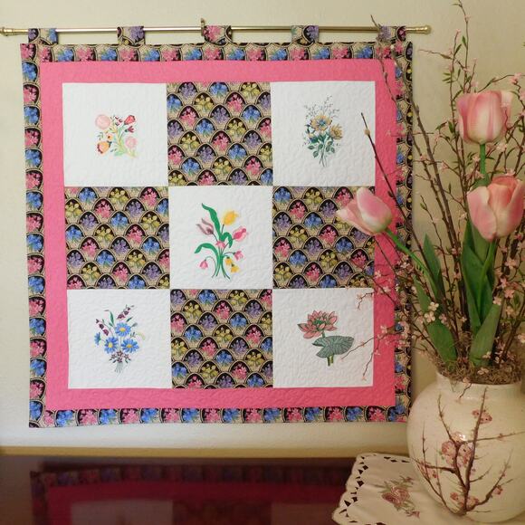 Home Decor Quilted Wall Hanging, Embroidered Floral Squares, 33" x 33"